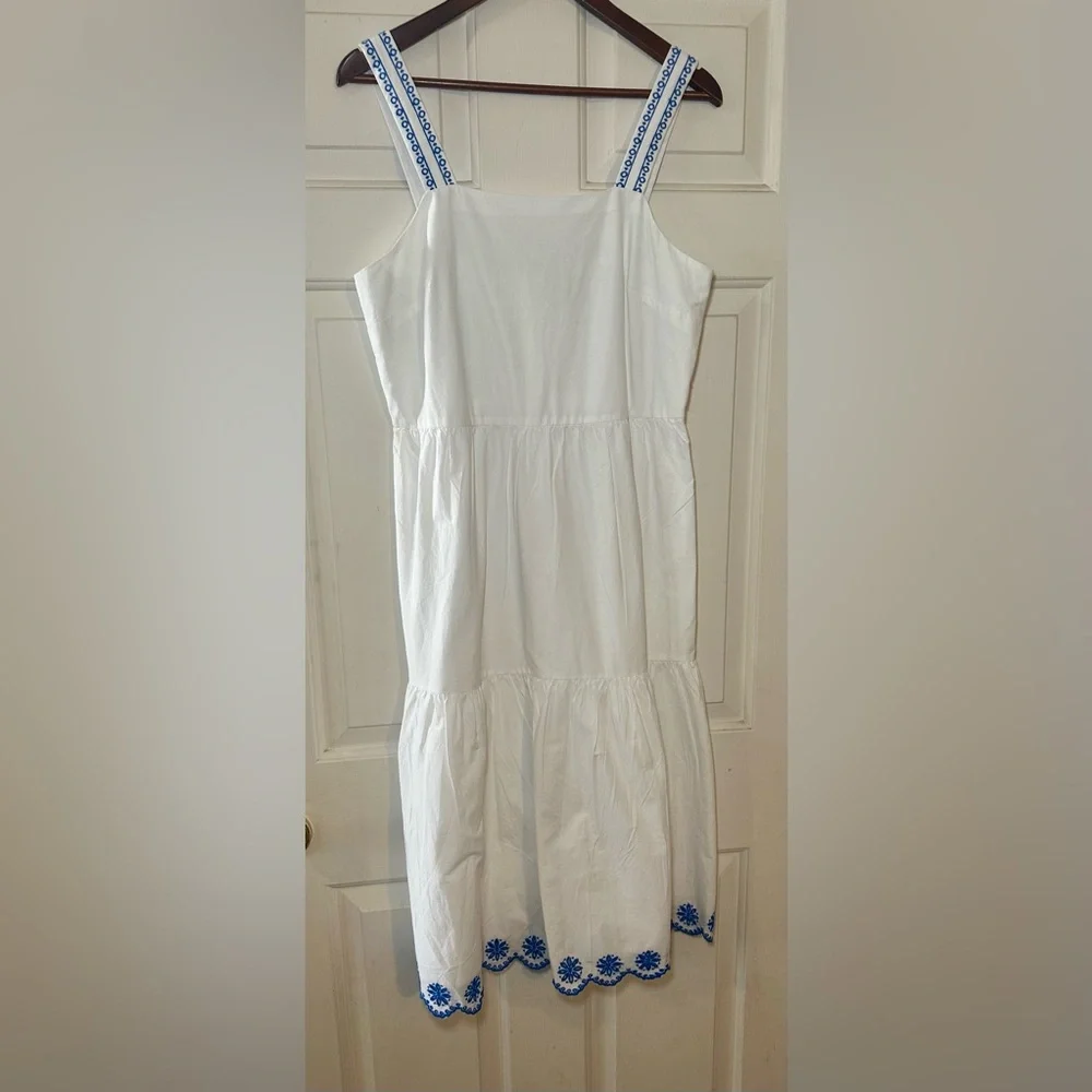 J Crew Embroidered Hem Straps Tiered Sleeveless Dress Scalloped Hem Blue White 8